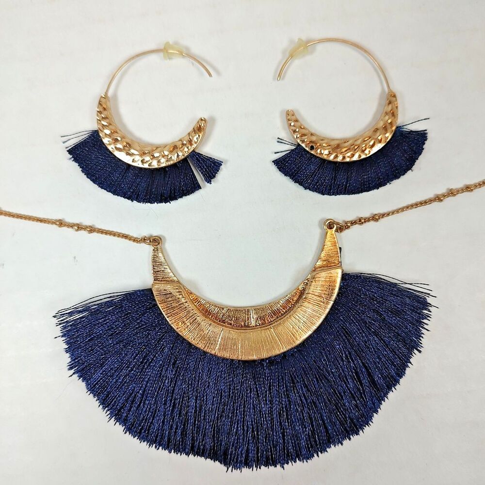 Gold Tone Hammered Metal Navy Blue Fringe Necklace 29" - 32" & Earrings Set - Picture 8 of 8